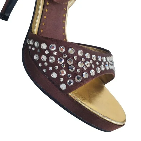 Betsey Johnson Cristie Platform Heels 7 Strappy Rhinestone Brown Gold Open Toe - Picture 5 of 13